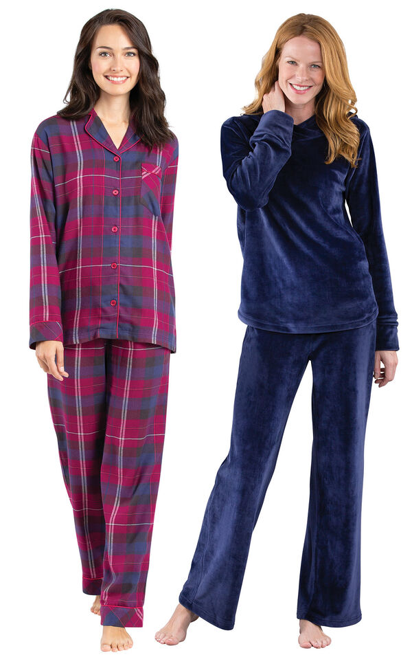 Models wearing World's Softest Flannel Boyfriend Pajamas - Black Cherry Plaid and Tempting Touch PJs - Midnight Blue. image number 0