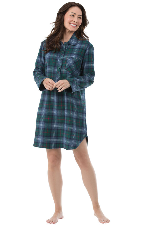 Model wearing Green and Blue Plaid Sleepshirt for Women image number 0
