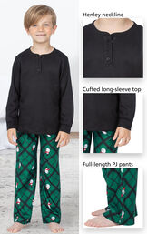 Black and Green Snowman Argyle Henley PJ for Kids have a Henley neckline, cuffed long-sleeve top, full-length PJ pants image number 3