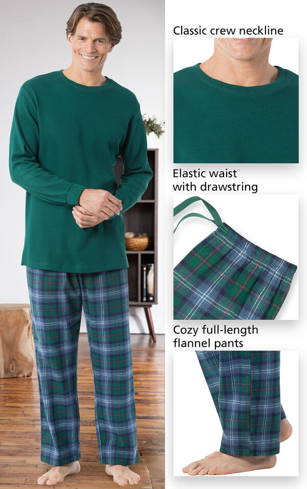 Close-ups of the features of Heritage Plaid Thermal-Top Men's Pajamas which include a classic crew neckline, elastic waist with drawstring and cozy full-length flannel pants image number 3