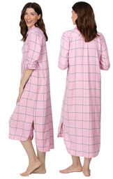 Model wearing Light Pink and Gray Plaid Gown for Women, facing away from the camera and then to the side image number 1