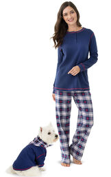 Models wearing Dark Blue Snowflake Plaid Thermal Top PJ for Pets and Owners image number 0