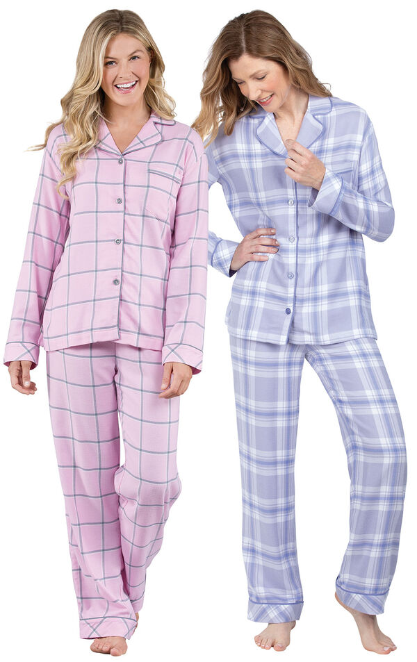 Models wearing World's Softest Flannel Boyfriend Pajamas - Lavender Plaid and World's Softest Flannel Boyfriend Pajamas - Pink. image number 0