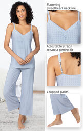Close-ups of the features of Naturally Nude Capri PJs which include a flattering sweetheart neckline, adjustable straps and cropped pants image number 3