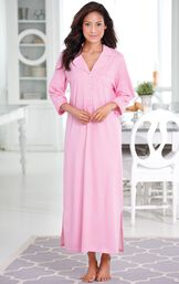 Model standing by kitchen table wearing Pink with White Polka Dots Oh-So-Soft Pin Dot Nighty - Pink image number 1