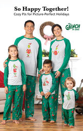 Family wearing Matching Grinch Family Pajamas with the following copy: So Happy Together! Cozy PJs for Picture-Perfect Holidays. image number 1