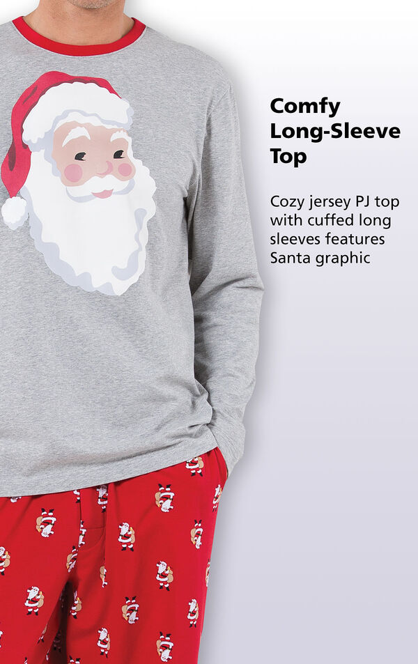 Close-up of St. Nick Men's Pajamas Comfy Long-Sleeve Top with the following copy: Cozy jersey PJ top with cuffed long sleeves features a Santa graphic image number 2