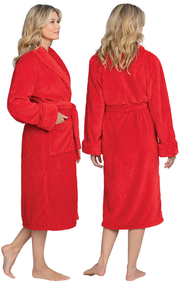 Model wearing Red Cable Embossed Fleece Wrap Robe for Women, facing away from the camera and then to the side image number 1