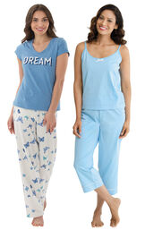 Models wearing Dream Pajamas and Oh-So-Soft Pin Dot Capri Pajamas - Blue.  image number 0