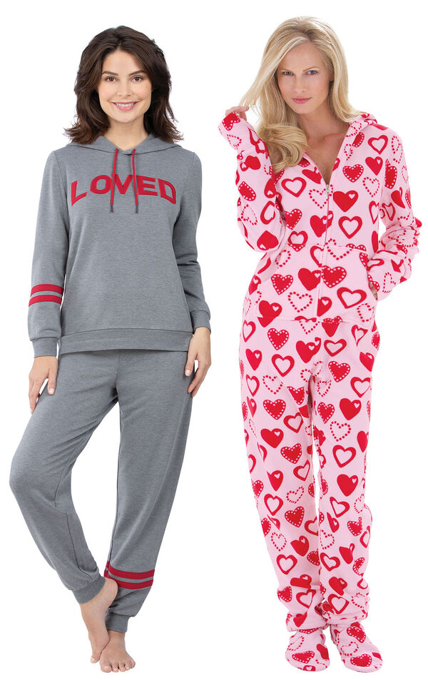Models wearing ''Loved'' Hoodie Pajamas and Hoodie-Footie - Sweetheart Snuggle Fleece. image number 0