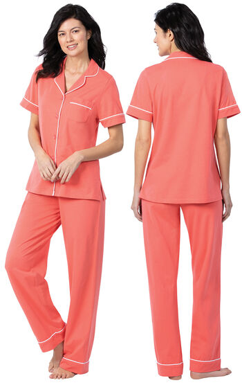 Model wearing Coral Solid Short Sleeve Boyfriend PJ, facing away from the camera and then facing to the side