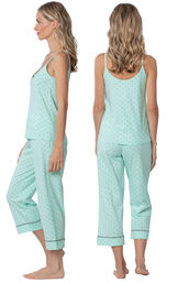 Model wearing Mint and Gray Polka Dot Cami PJ for Women, facing away from the camera and then to the side image number 1