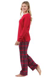 Model wearing Red Classic Plaid Thermal Top PJ with White Heart for Women, facing to the side image number 3
