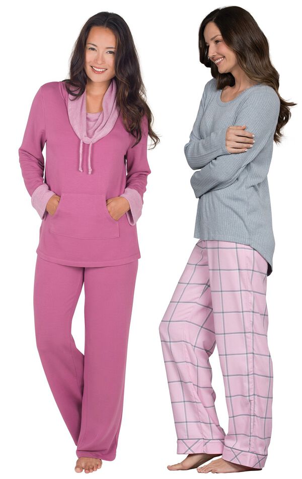 Models wearing World's Softest Flannel Pajama Set - Pink and World's Softest Pajamas - Raspberry. image number 0