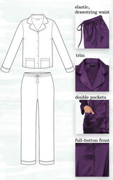 A technical drawing of Purple Satin PJs highlighting the following features - elastic, drawstring waist, trim, double pockets and full-button front image number 1