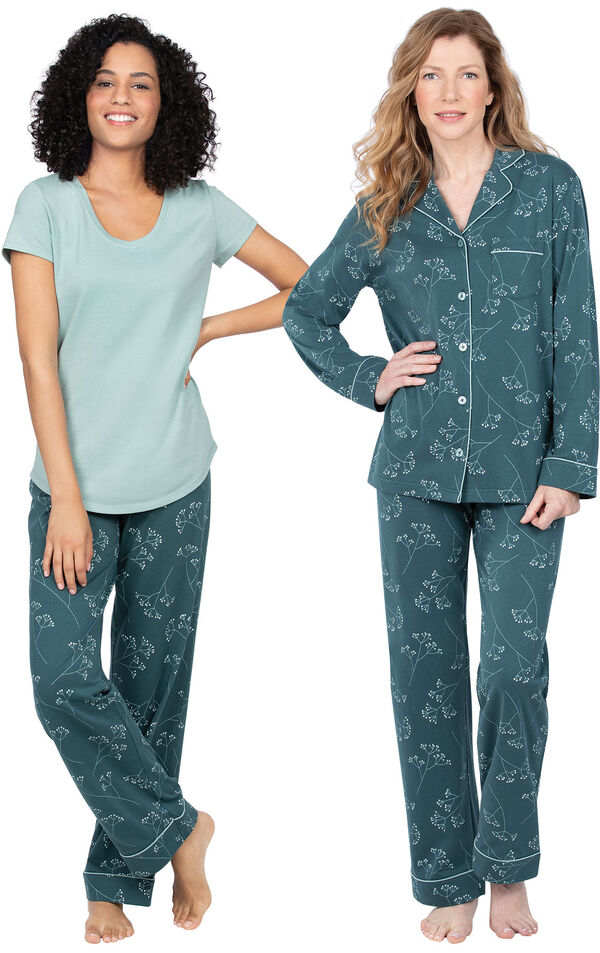 Models wearing Short-Sleeve Jersey Pajamas - Green Floral Print and Jersey Boyfriend Pajamas - Green Floral Print image number 0