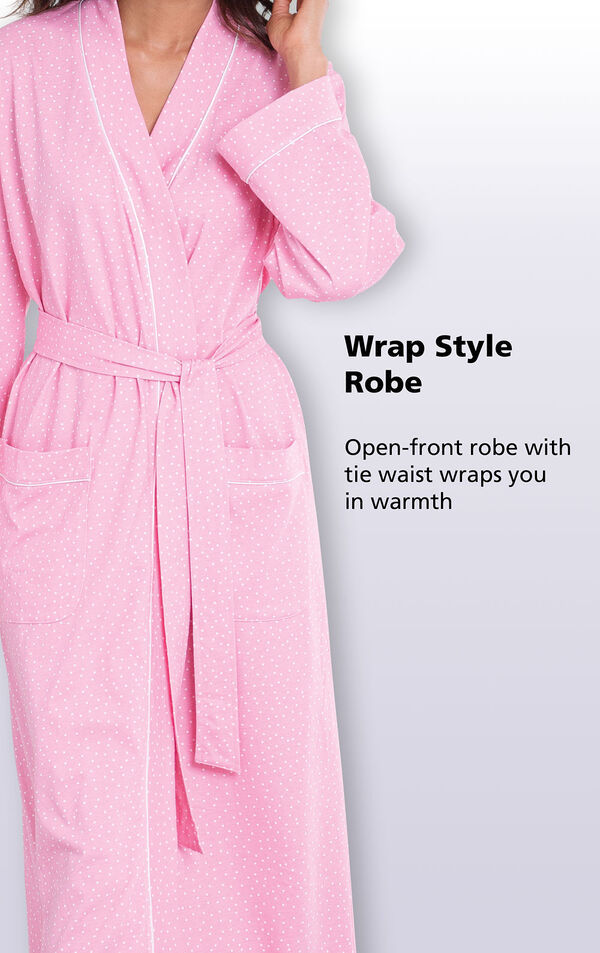 Close-up of Pink Pin Dot Wrap Style Robe; open-front robe with tie waist wraps you in warmth. image number 2