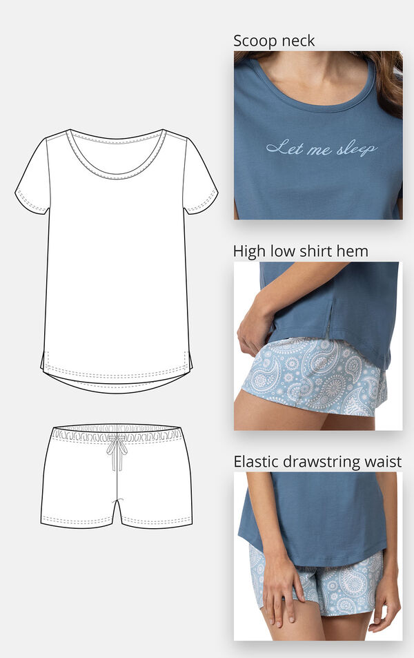 Scoop neck tee with "Let me sleep" text in cursive - high low shirt hem - elastic drawstring waist on shorts image number 3