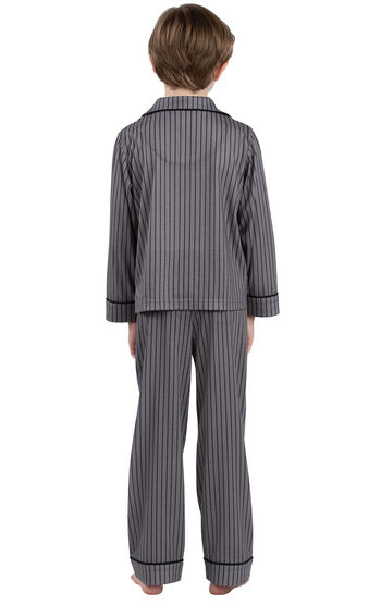 Model wearing Charcoal Gray and Black Stripe Button-Front PJ for Youth, facing away from the camera