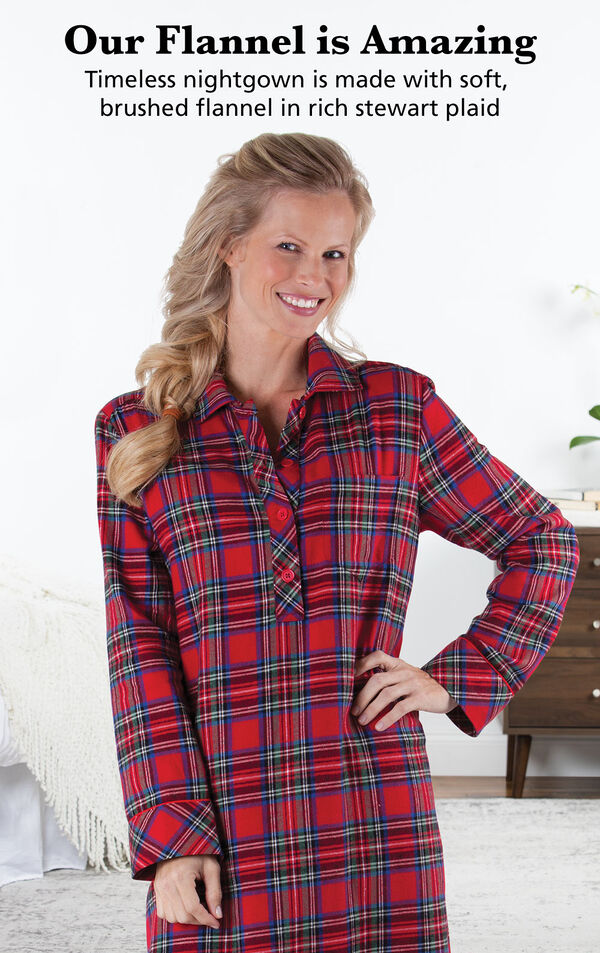 Model wearing Stewart Plaid Flannel Nighty by bed with the following copy:  Our Flannel is Amazing. Timeless nightgown is made with soft, brushed flannel in rich Stewart plaid. image number 2
