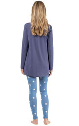 Model wearing Long Sleeve and Legging Pajamas - Navy Stars, facing away from the camera image number 1