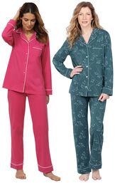 Models wearing Jersey Boyfriend Pajamas - Green Floral Print and Solid Jersey Boyfriend Pajamas - Bold Pink image number 0