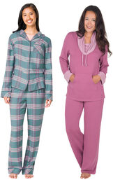 World's Softest Teal Plaid Flannel Boyfriend PJs and Raspberry Pajama Set image number 0
