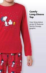 Close-up of comfy red long-sleeve top with the following copy: Cozy long sleeve jersey PJ features festive Snoopy graphic. image number 1