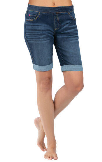 Model wearing PajamaJeans Bermuda Shorts - Indigo Wash