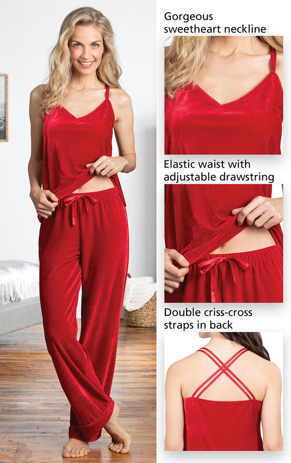 Close-ups of the features of Velour Cami Pajamas which include a gorgeous sweetheart neckline, elastic waist with adjustable drawstring and double criss-cross straps in back image number 4