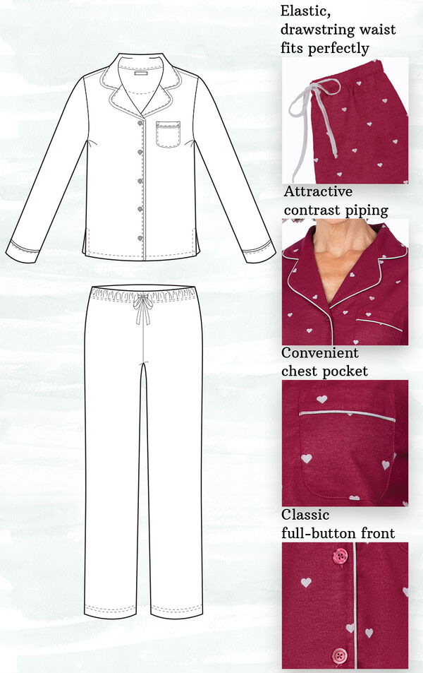 A technical drawing of Red with Gray Hearts Flannel Boyfriend PJs with the following details highlighted: Elastic, drawstring waist, attractive gold piping, convenient chest pocket and classic full button-front image number 2