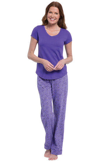 Short-Sleeve V-Neck Pajamas- Purple Floral