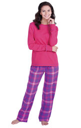 Model wearing Pink and Purple Bright Plaid PJ for Women image number 1