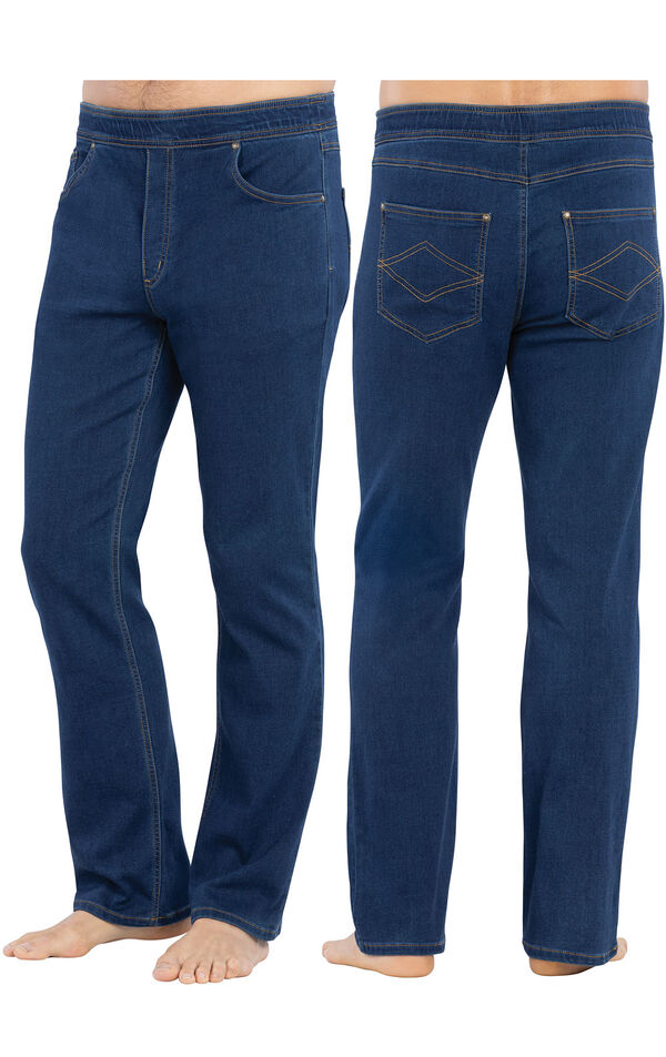 Model wearing PajamaJeans for Men - Bluestone Wash, facing away from the camera and then to the side image number 1