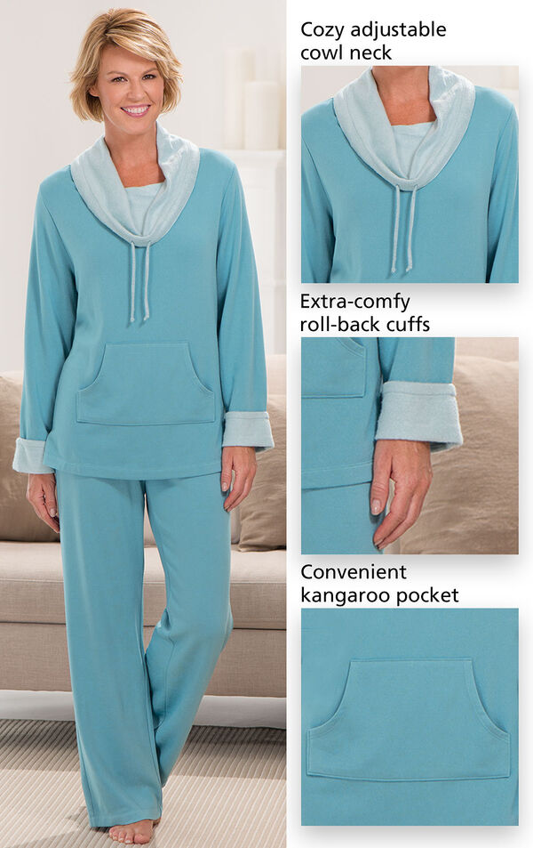 Close-Ups of  Teal World's Softest PJs features which include a cozy adjustable cowl neck, extra-comfy, roll-back cuffs and a convenient kangaroo pocket. image number 4