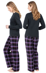 Model wearing Black and Purple Plaid PJ for Women, facing away from the camera and then to the side image number 2