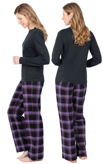 Model wearing Black and Purple Plaid PJ for Women, facing away from the camera and then to the side