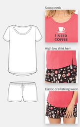 Close-ups of the features of Coffee Lover Short Set which include a scoop neck, high low shirt hem and elastic drawstring waist image number 3
