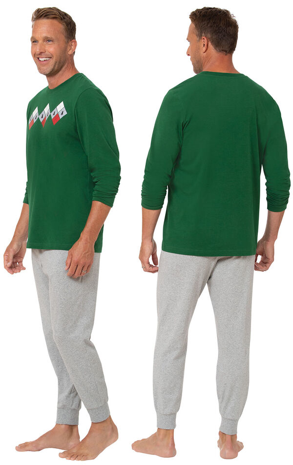 Model wearing Green and Gray Holiday Argyle Men's Pajamas facing away from the camera and then facing to the side image number 1