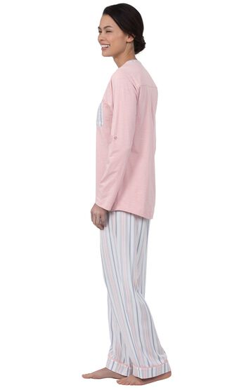 Model wearing Soft Stripe Henley Pajamas, facing to the side