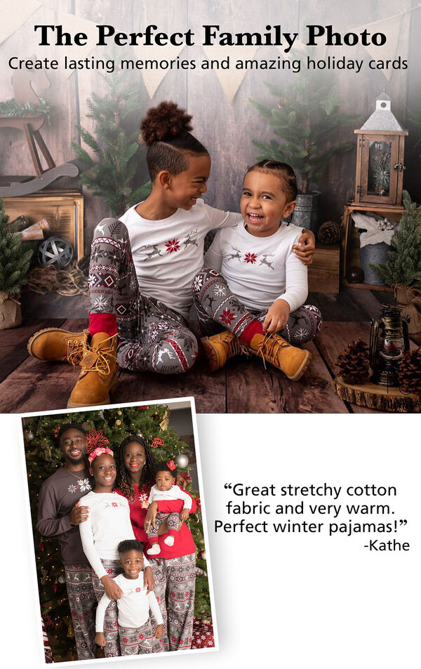 PajamaGram Customers wearing Nordic Pajamas. Headline: The Perfect Family Photo, Create lasting memories and amazing holiday cards. Customer quote: "Great stretchy cotton fabric and very warm. Perfect winter pajamas!" image number 3