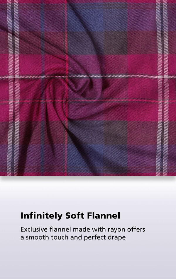 Black cherry plaid flannel fabric swatch with the following copy: Exclusive flannel made with rayon offers a smooth touch and perfect drape image number 4