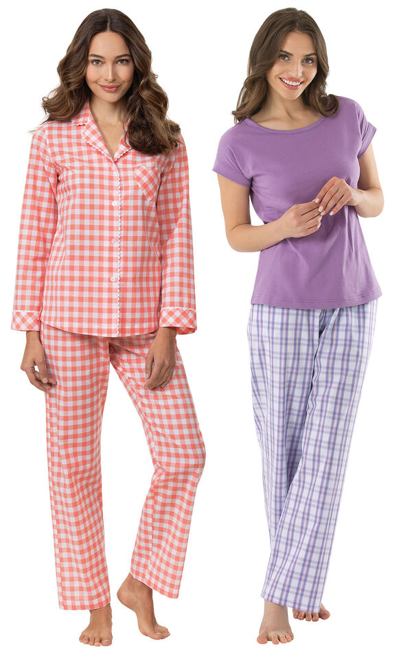 Models wearing Heart2Heart Gingham Boyfriend Pajamas - Coral and Perfectly Plaid Pajamas image number 0