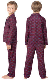 Boy wearing Deep Red Print Button-Front PJ for Kids, facing away from the camera and facing to the side image number 1
