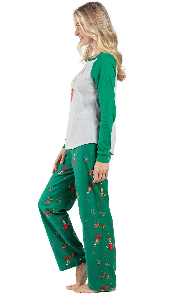 Model wearing Green and Gray Grinch PJ for Women, facing to the side image number 2
