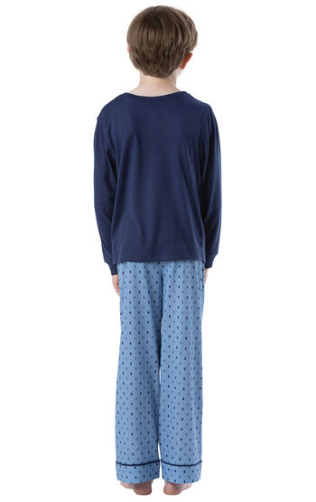 Model wearing Blue Geometric Pattern PJ for Youth, facing away from the camera