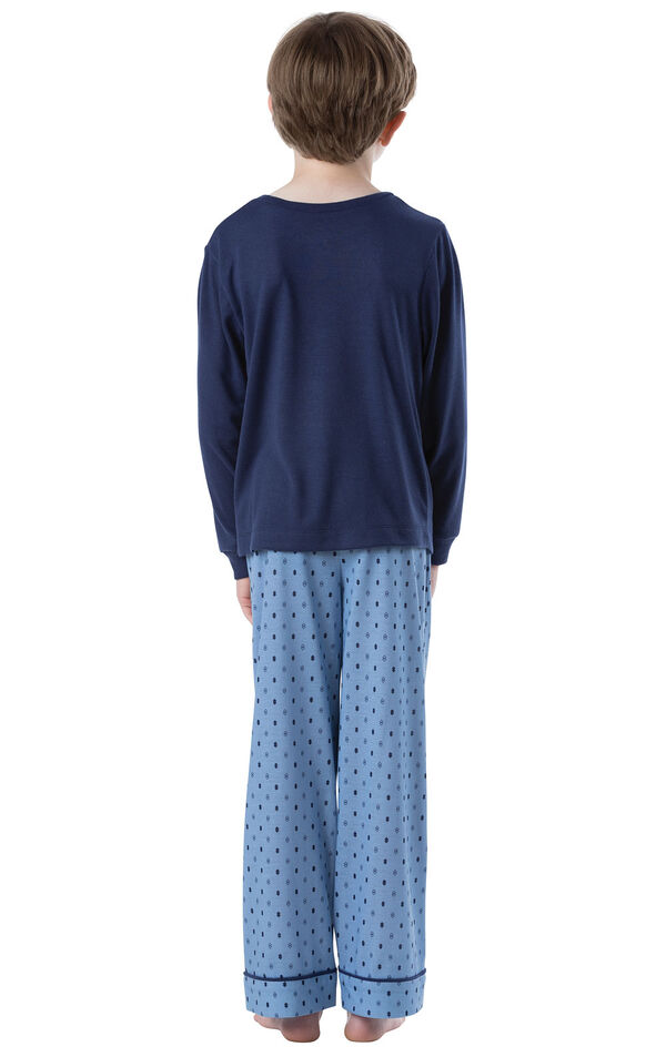 Model wearing Blue Geometric Pattern PJ for Youth, facing away from the camera image number 1