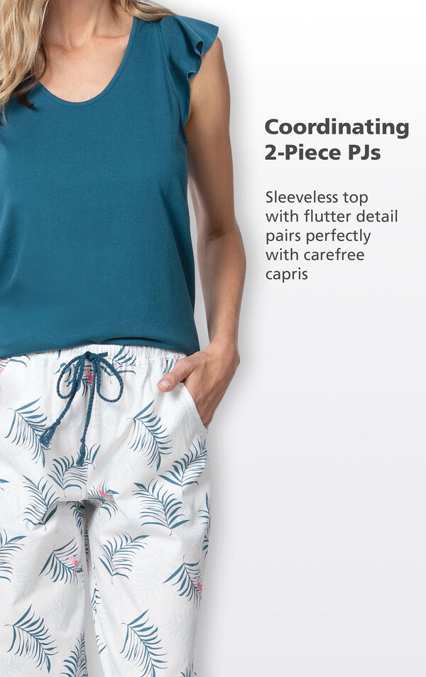 Close-up of Margaritaville Easy Island Capris Coordinating 2-Piece PJs - Sleeveless top with flutter detail pairs perfectly with carefree capris image number 3