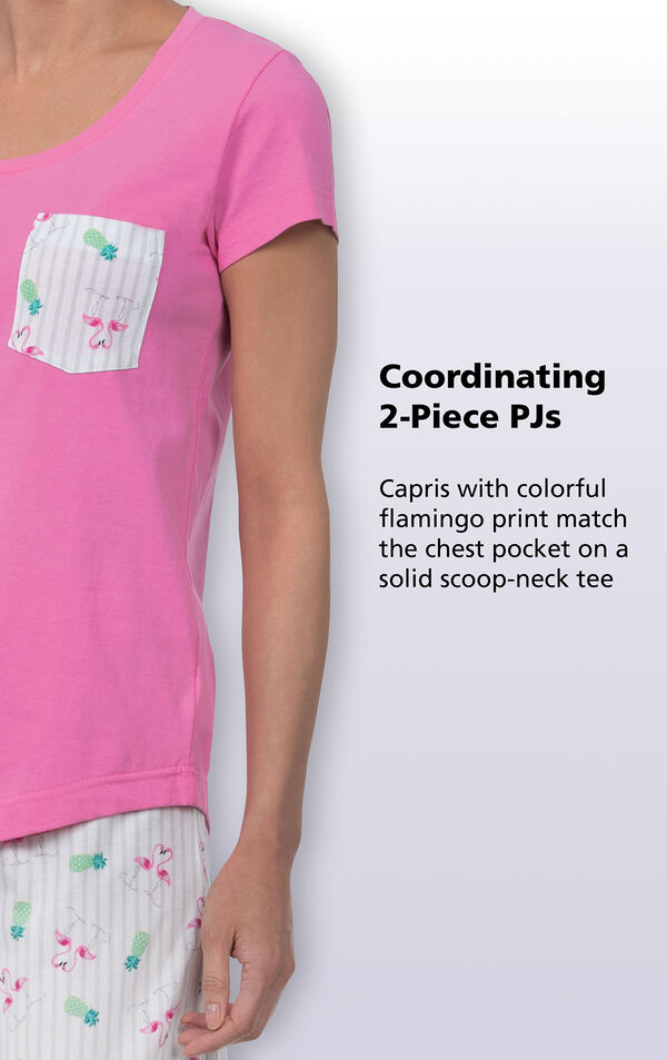 Close-up of Flamingo Stripe PJs top with the following copy: Coordinating 2-Piece PJs. Capris with colorful flamingo print match the chest pocket on a solid scoop-neck tee. image number 3