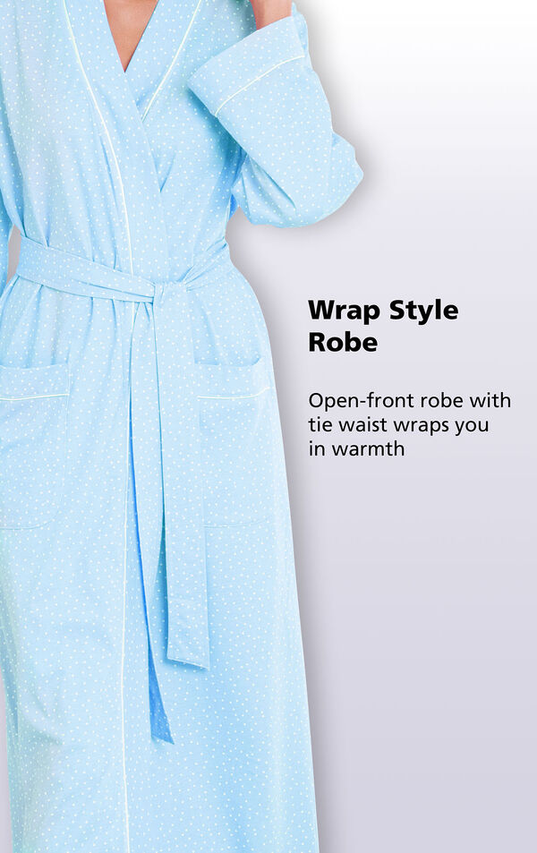 Close-up of Blue Pin Dot Wrap Style Robe; open-front robe with tie waist wraps you in warmth. image number 3